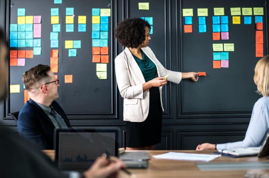 Woman standing in front of her team, moving post-it notes around on a meeting board. 