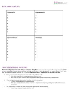 SWOT analysis template screenshot of download - 4 quadrants + SWOT questions